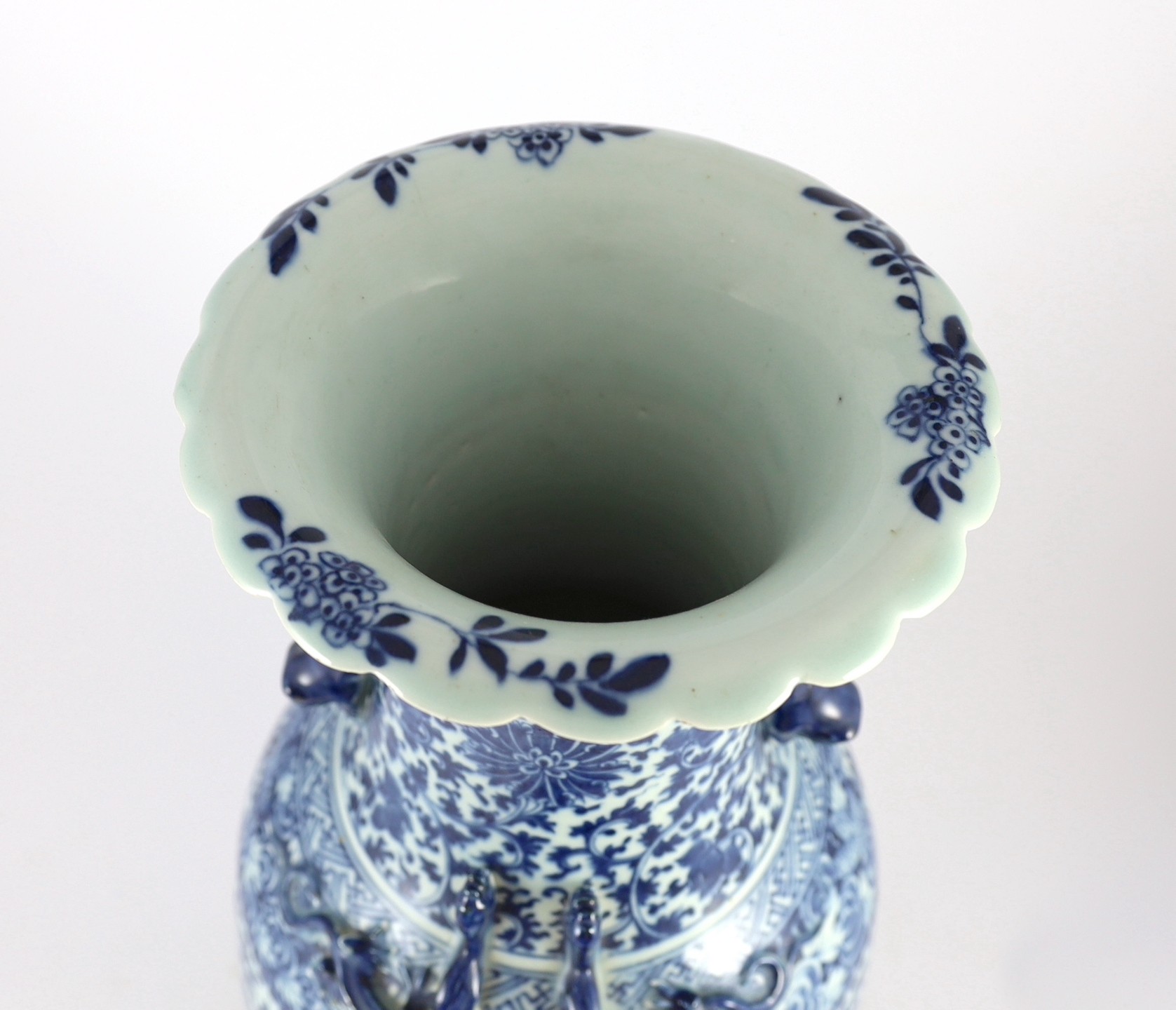 A large Chinese blue and white ‘lotus’ vase, 19th century, 59cm high, damaged